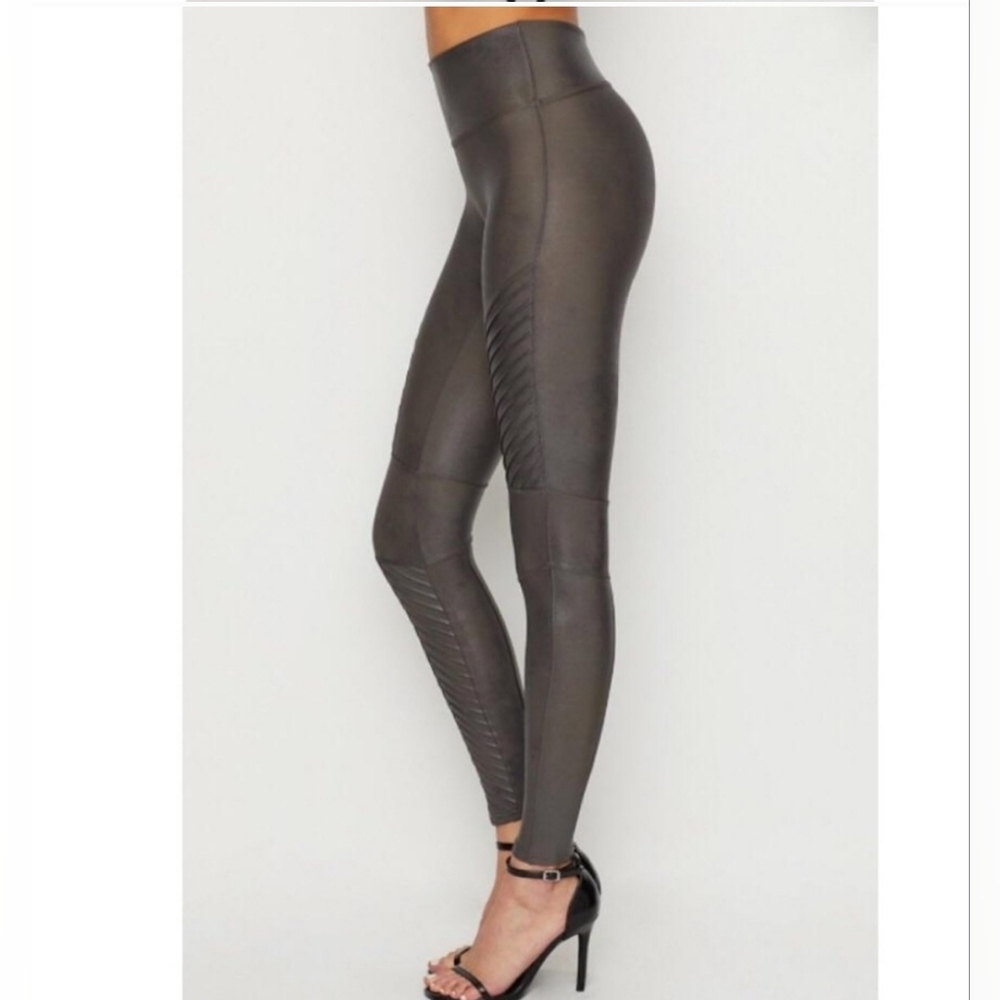 Spanx Faux Leather Metallic Gunmetal Moto Leggings Womens Size M